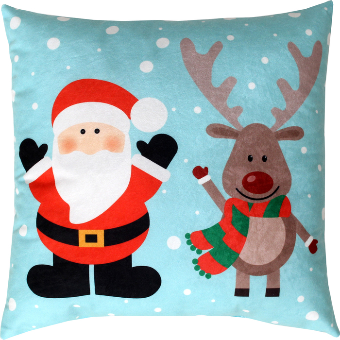 Подушка декоративная Дед Мороз, олень и снежки сублимация 35х35 см  велюр, пэ 100%